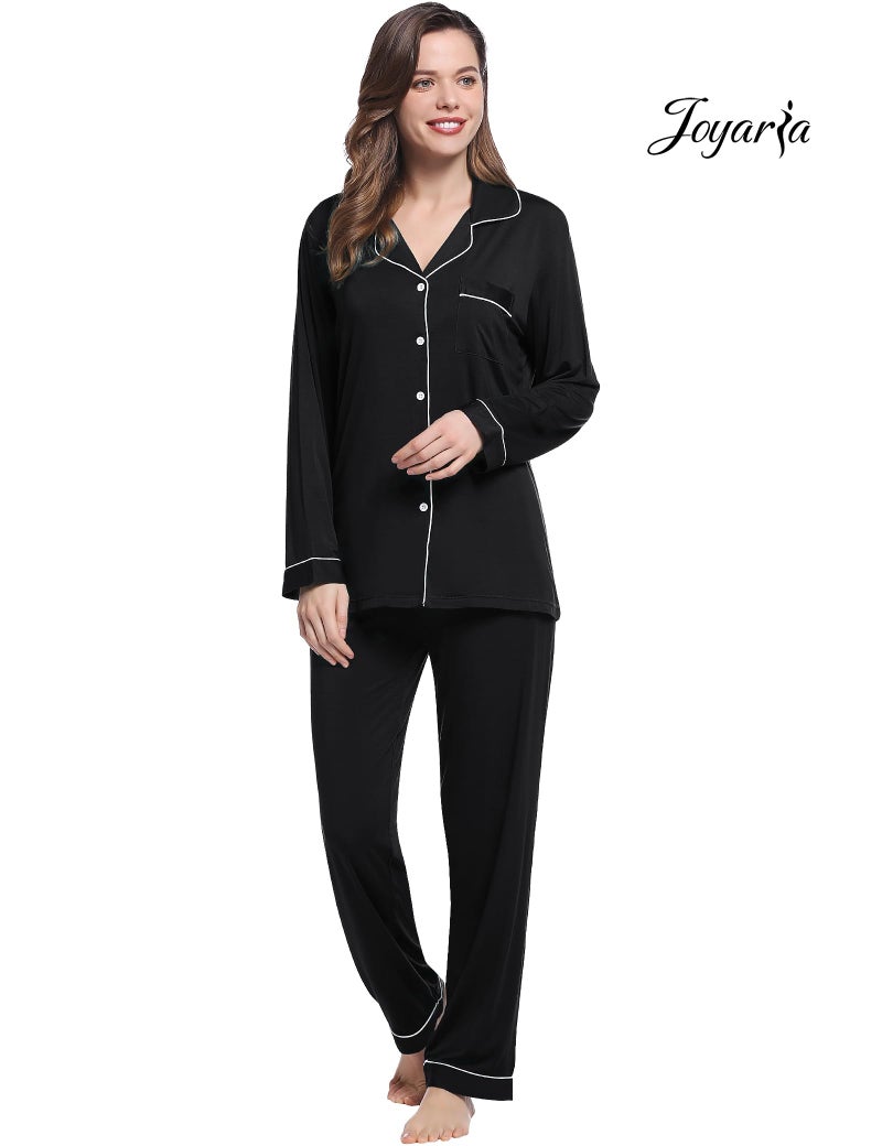Joyaria Womens Summer Bamboo Viscose Button Down/Up Pajama/Pj/Sleep Sets Sleepwear(Black, Large) - Image 5